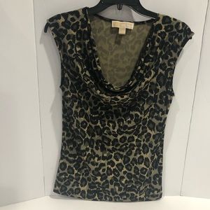 MICHAEL Michael Kors Army Olive Green Black Leopard Print Cowl Neck Sleeveless…